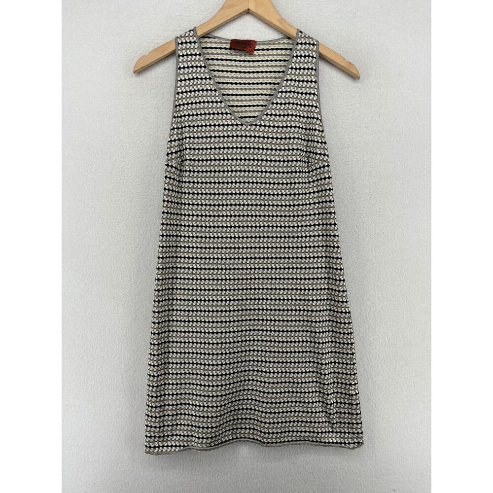 MISSONI Tunic 42 Cotton Knit Stripe V-Neck Mini Sleeveless Textured Gray